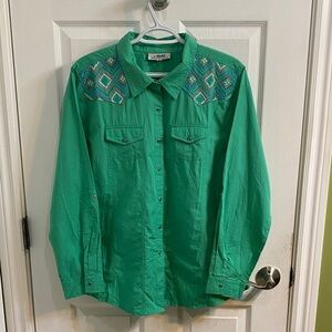 BACK IN THE SADDLE Women Teal Embroidery Western Cowboy Pearl Snap Shirt Size XL